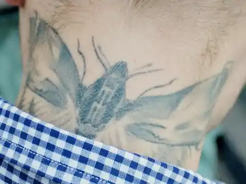 A neck tattoo of an insect