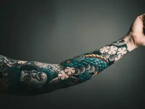 A colourful sleeve tattoo