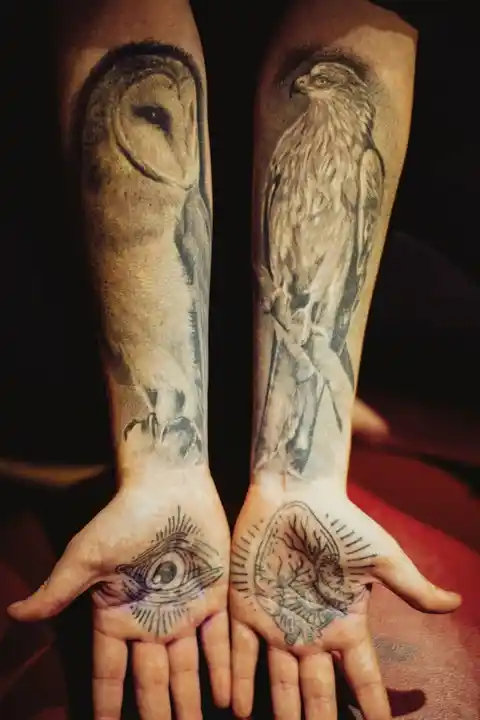 Two forearm tattoos of birds