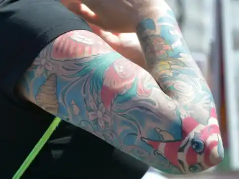 A colourful sleeve tattoo