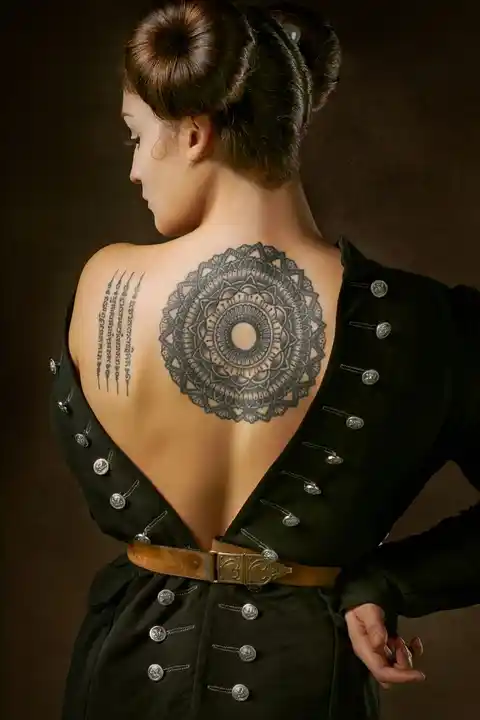 A patterned tattoo on a woman's upper back