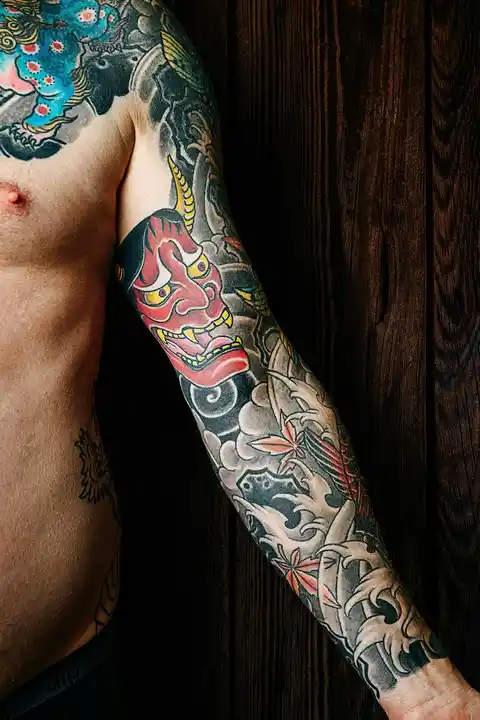 A colourful sleeve tattoo