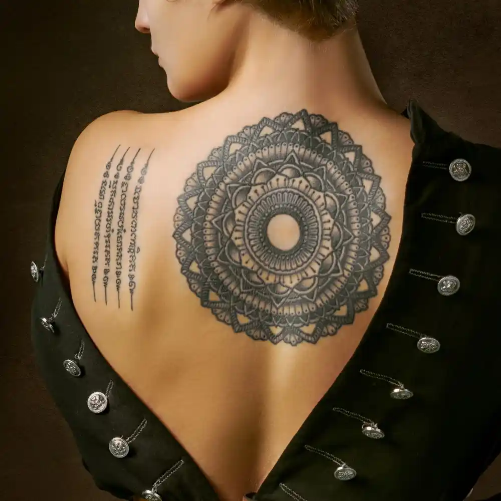 An intricate patterned tattoo