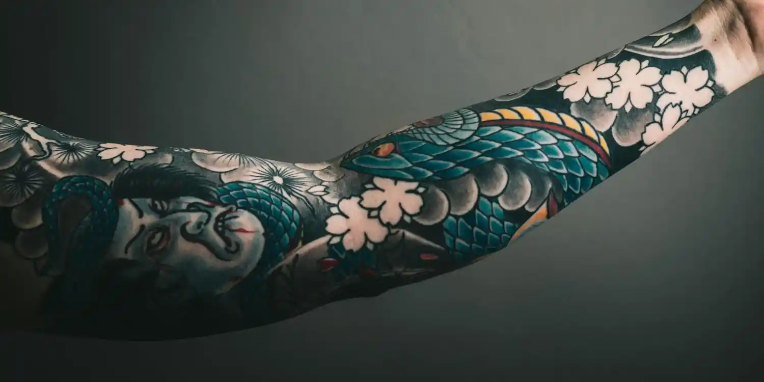 A colourful sleeve tattoo